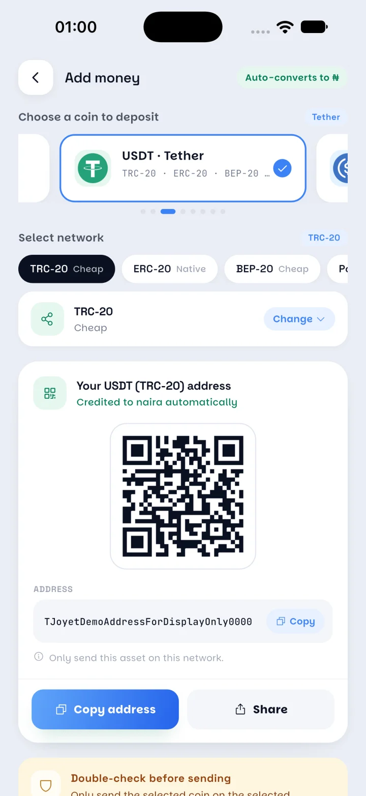 Add money screen with coin, network and QR code