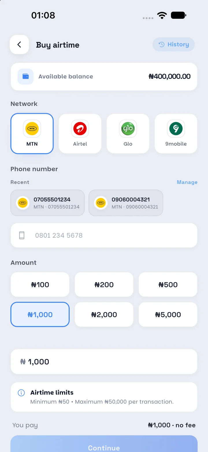 Buy airtime screen