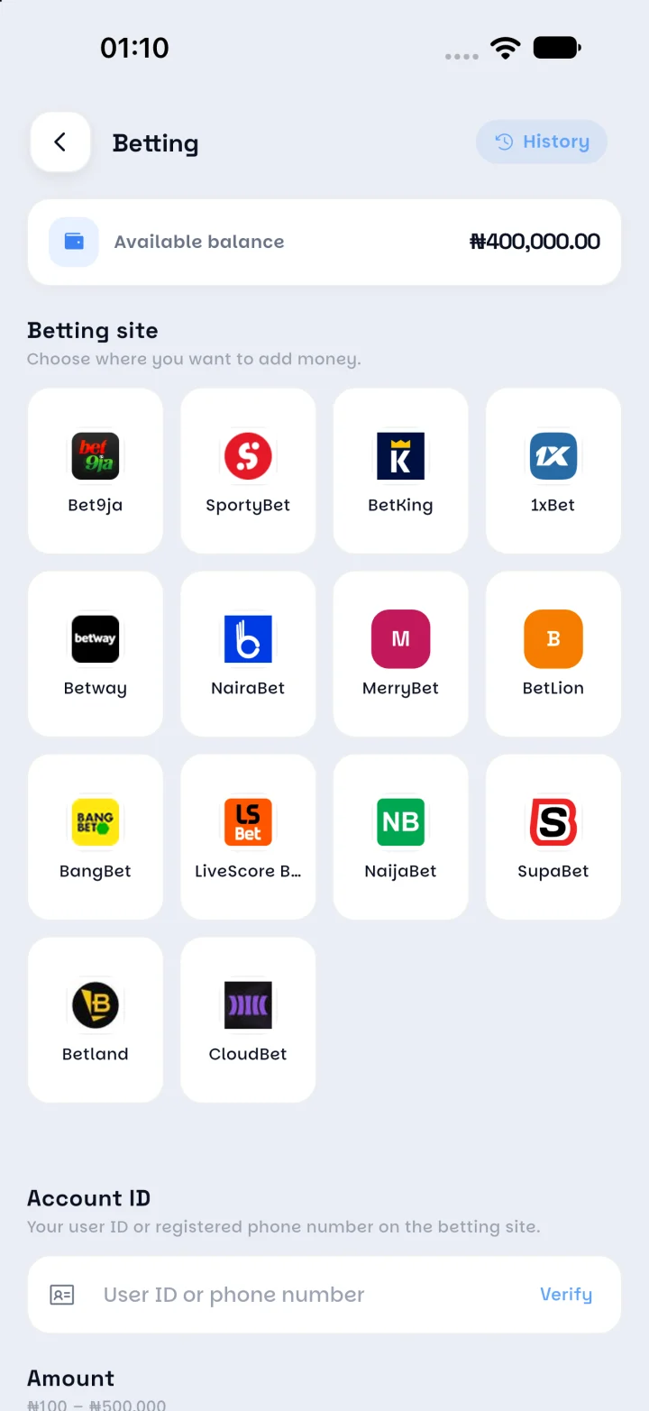 Betting wallet funding screen