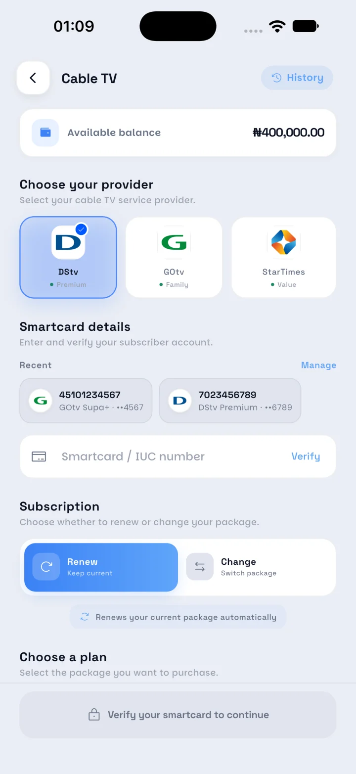 Cable TV payment screen