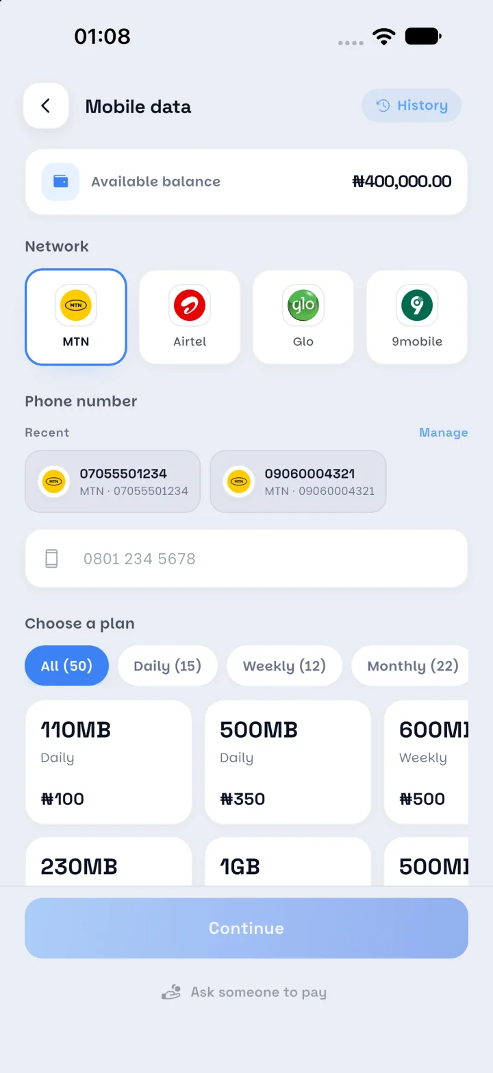 Buy mobile data screen