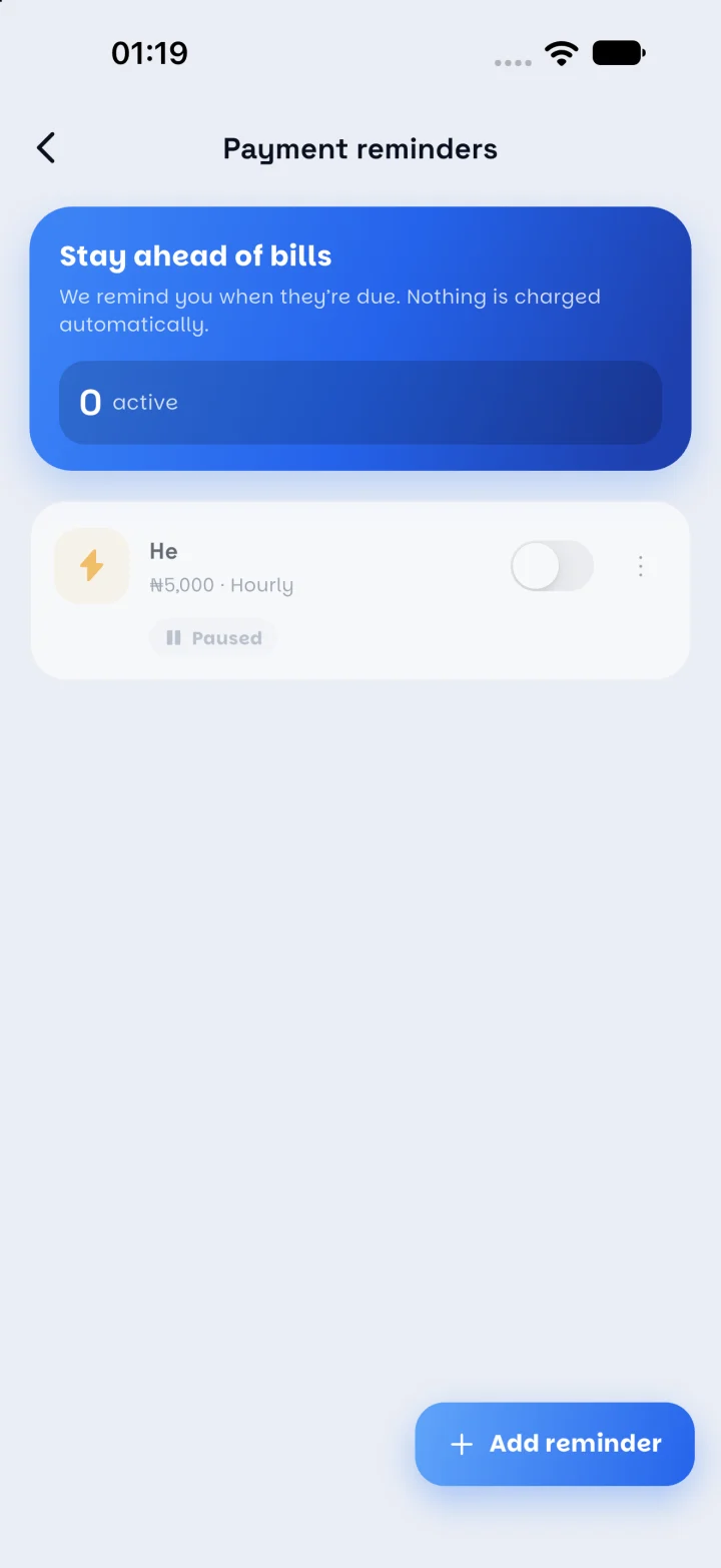 Payment reminders screen