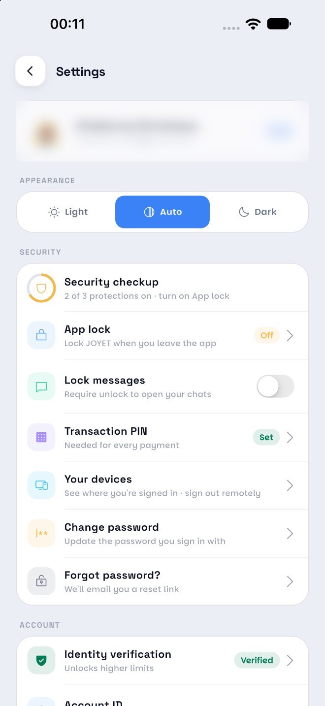 JOYET security settings