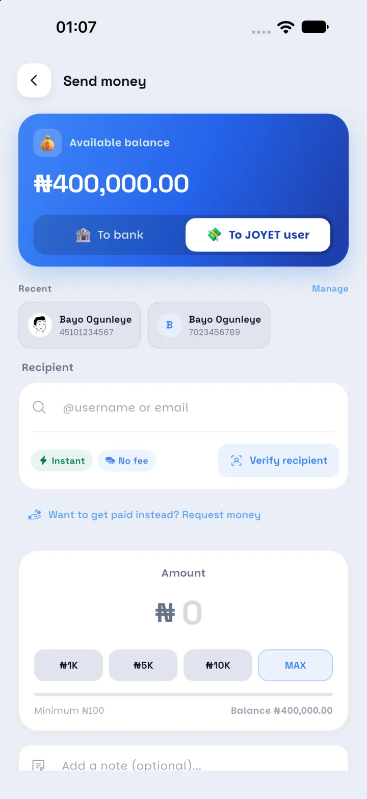 Send money screen